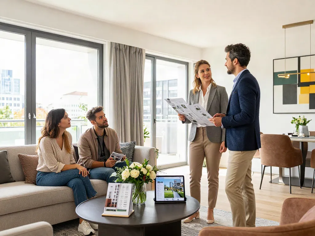 Bester Immobilienmakler Frankfurt präsentiert eine moderne Wohnung mit freundlichem Berater.