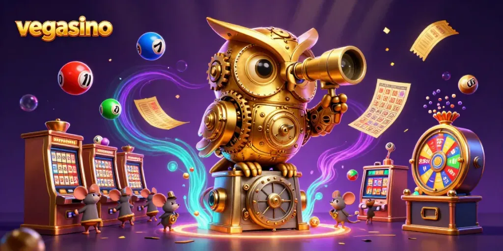 Experience the thrill at vegasino featuring a playful mechanical owl and vibrant casino elements.