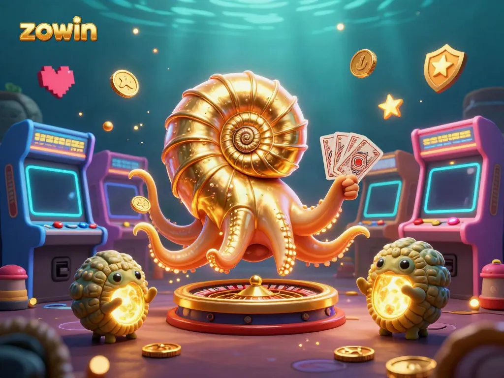 Experience the thrill of gambling with zowin, featuring a giant nautilus roulette and glowing game elements.