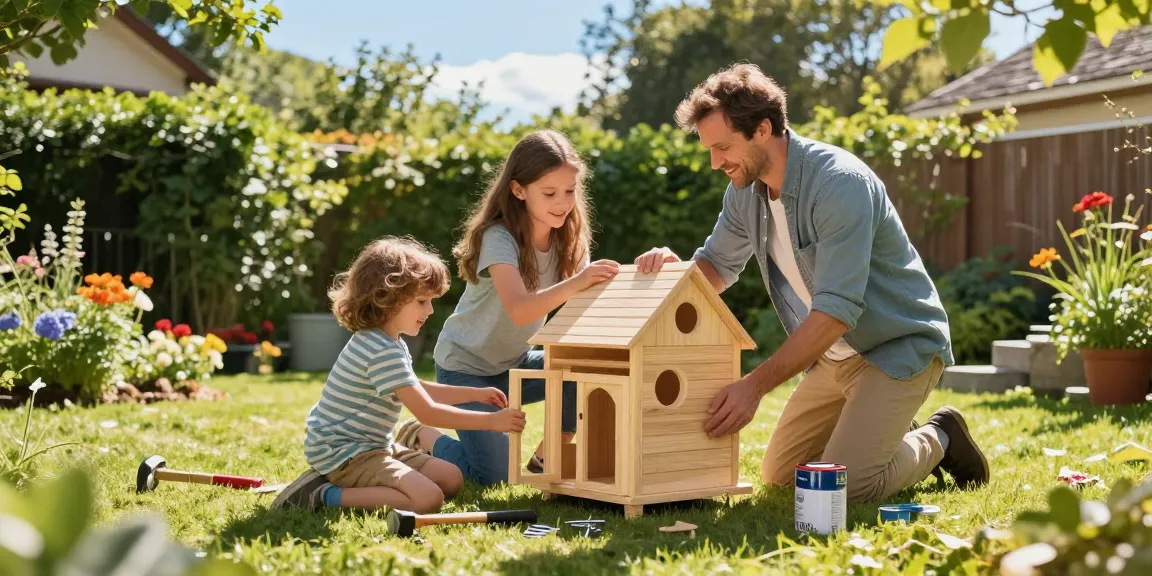 Familie beim Zusammenbauen eines Garten Hauses im Garten mit sonnigem Himmel.