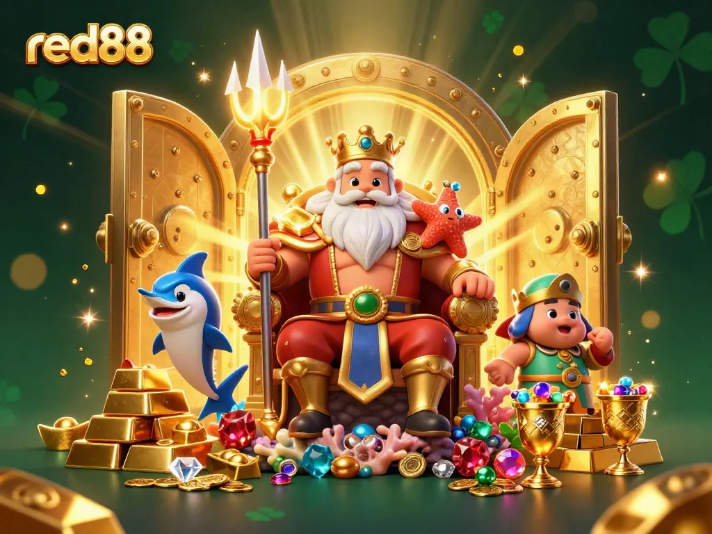 Experience the excitement of red88 with Neptune's treasure amidst stunning gems and gold.