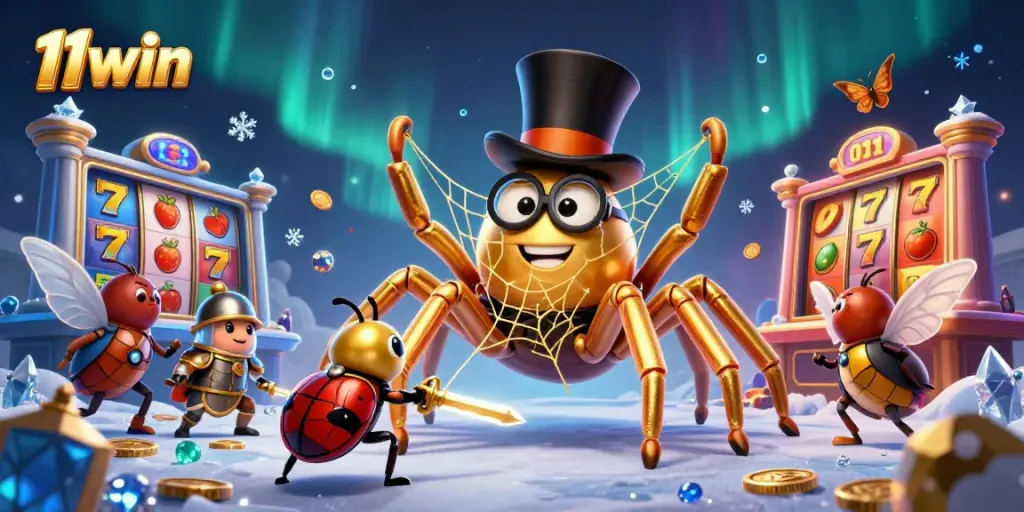 Engaging 11win casino scene with a golden tarantula and beetle knight amid colorful slot reels.