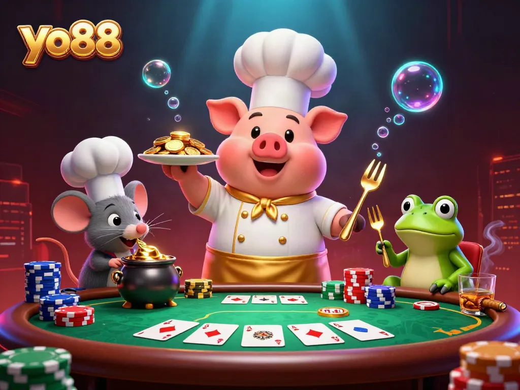 Experience the vibrant excitement of yo88 with a cartoon chef serving gold coins amidst poker elements.