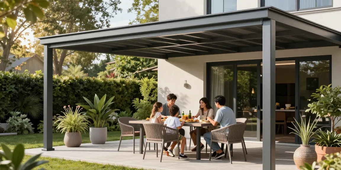 Moderne Terrassenüberdachung für gemütliche Familiensitzungen im Garten.