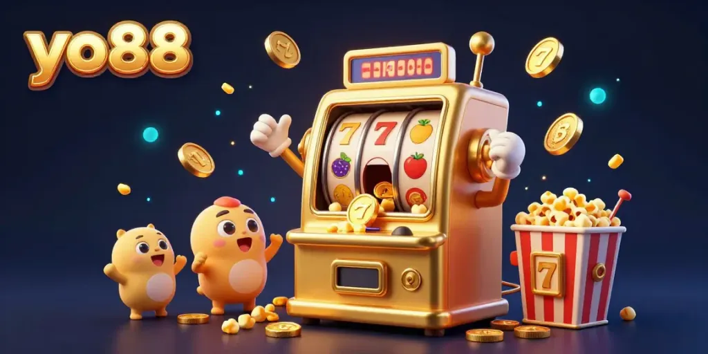 Witness the vibrant yo88 slot machine hitting a jackpot, surrounded by cheering baby slots.