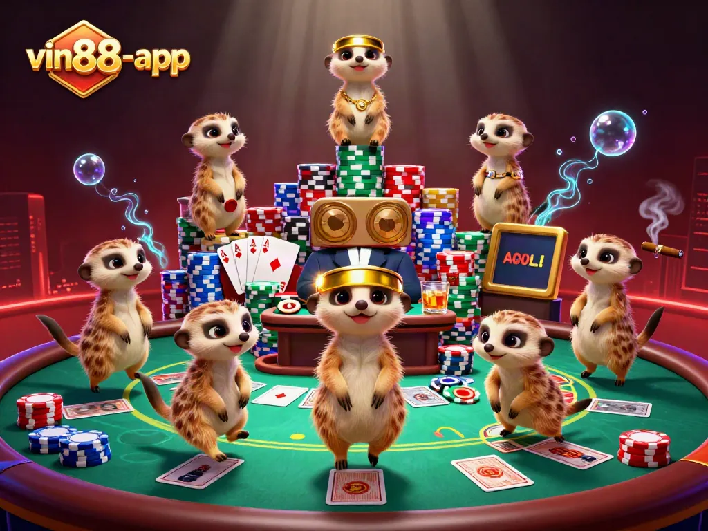 Experience thrilling gameplay at vin88-app with a vibrant meerkat casino scene showcasing poker action.