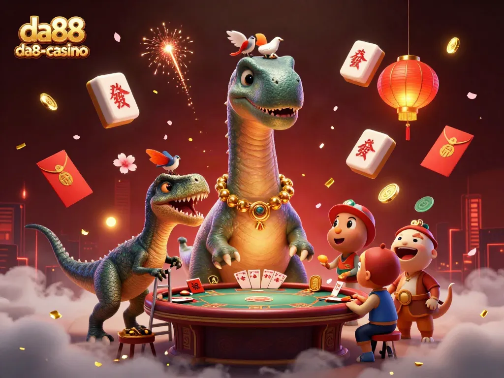 Experience thrilling gameplay at da88-casino with a dynamic 3D illustration of unique characters and elements.