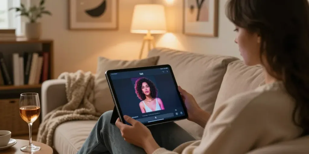 Engaging in free AI sex chat on a tablet in a cozy living room.