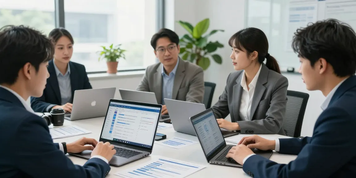 Business professionals discussing Datenschutz Dienstleistung strategies in a modern office.