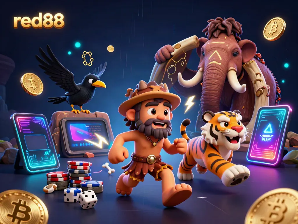 Experience the thrill of red88 with a cartoonish caveman casino scene filled with vibrant gambling elements.