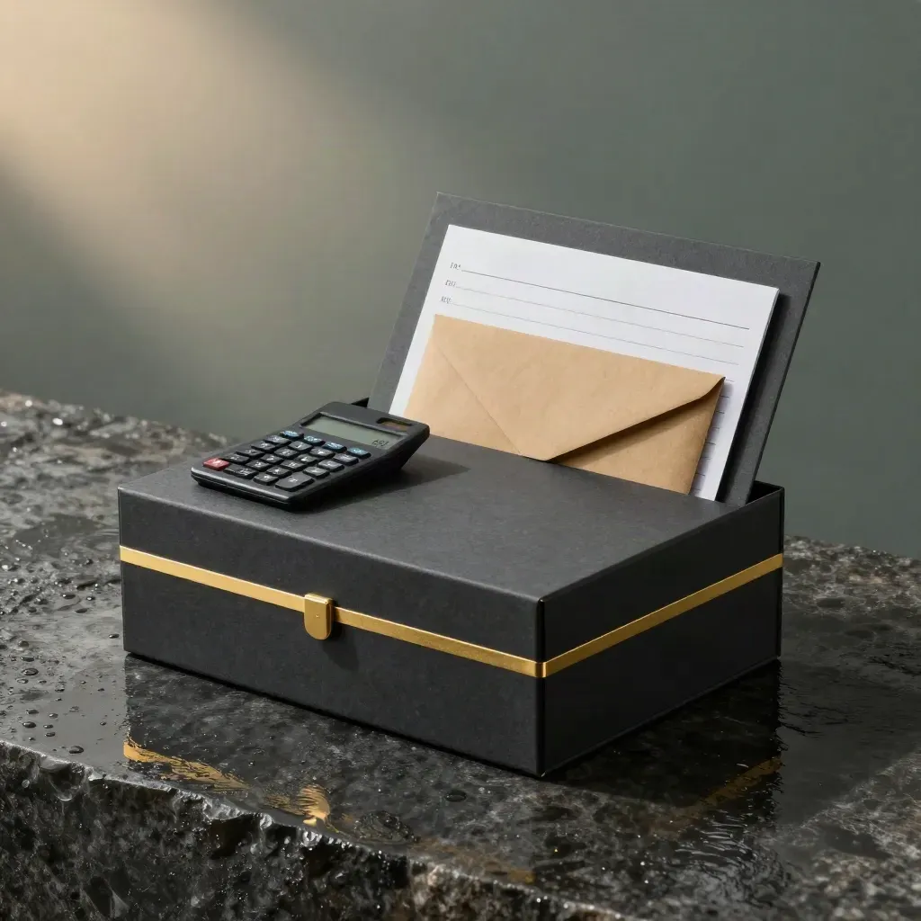 Gehaltscheck-Pro-Kit mit Ordner, Umschlag, Rechner und goldenen Details auf nassem Stein.