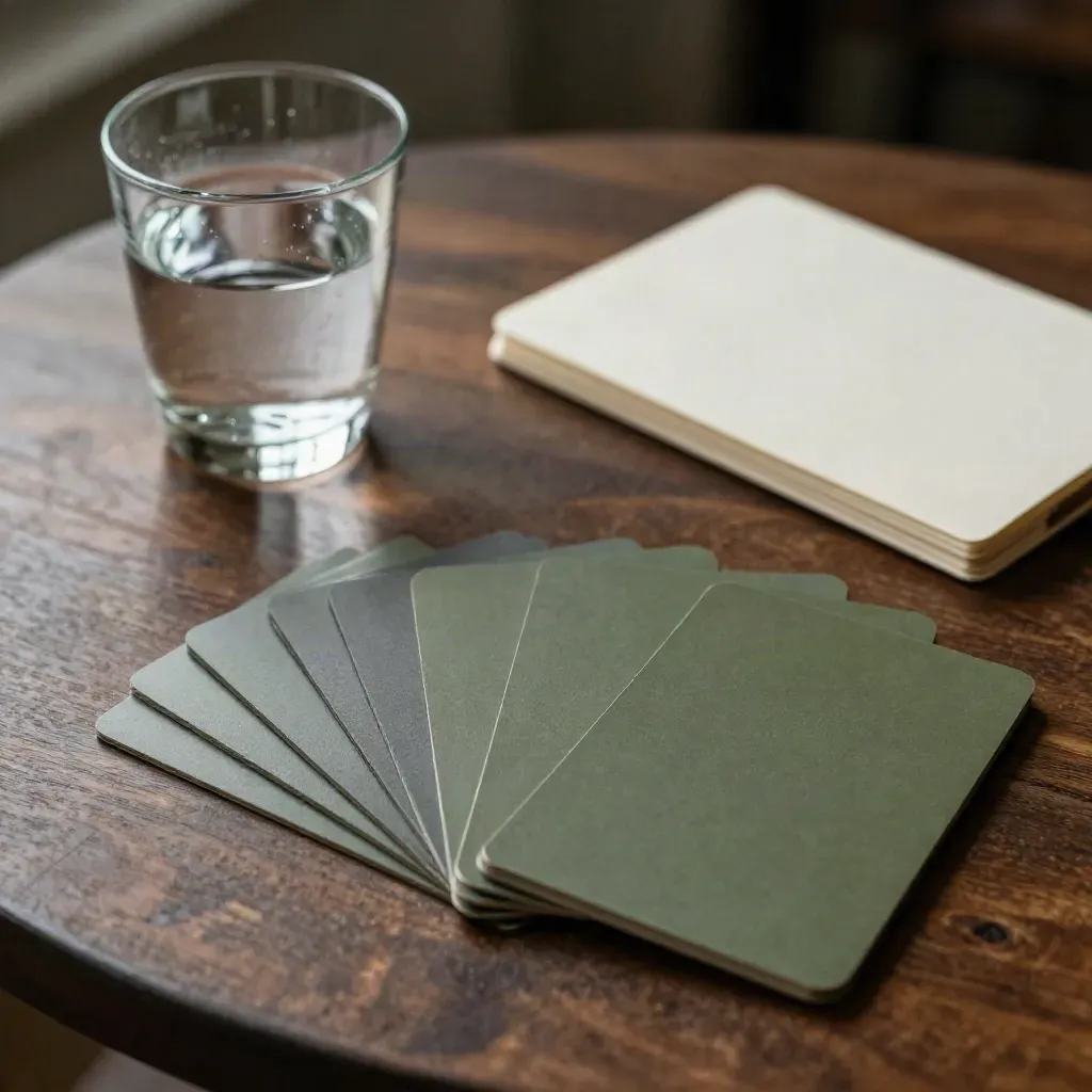 Interview-Pay-Prep-Set mit Karten, Wasserglas, Umschlag und Notizblock auf dunklem Tisch