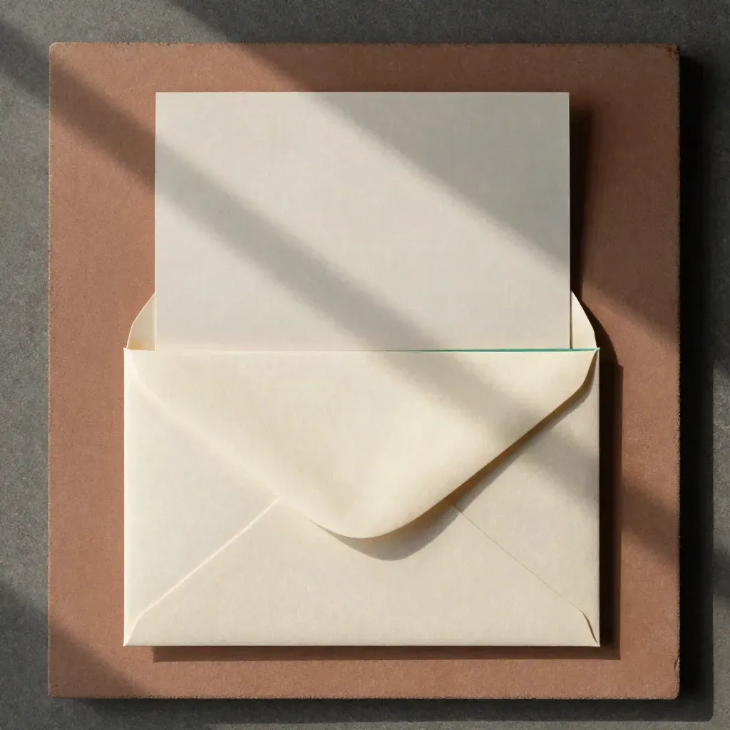 Von oben: Briefpaket mit Umschlag, gefaltetem Blatt und Band auf hellem Stein.