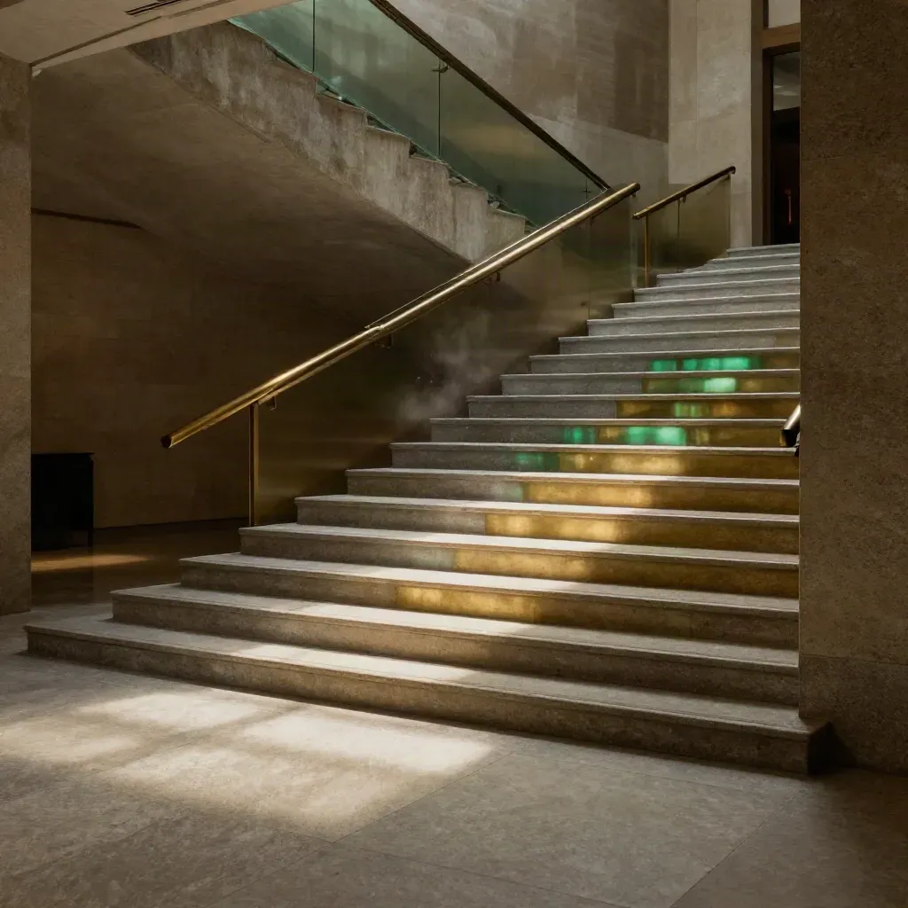 Monumentales Lobby-Treppenhaus aus Stein und Messing im Seitenlicht, ruhiger Raum unten.