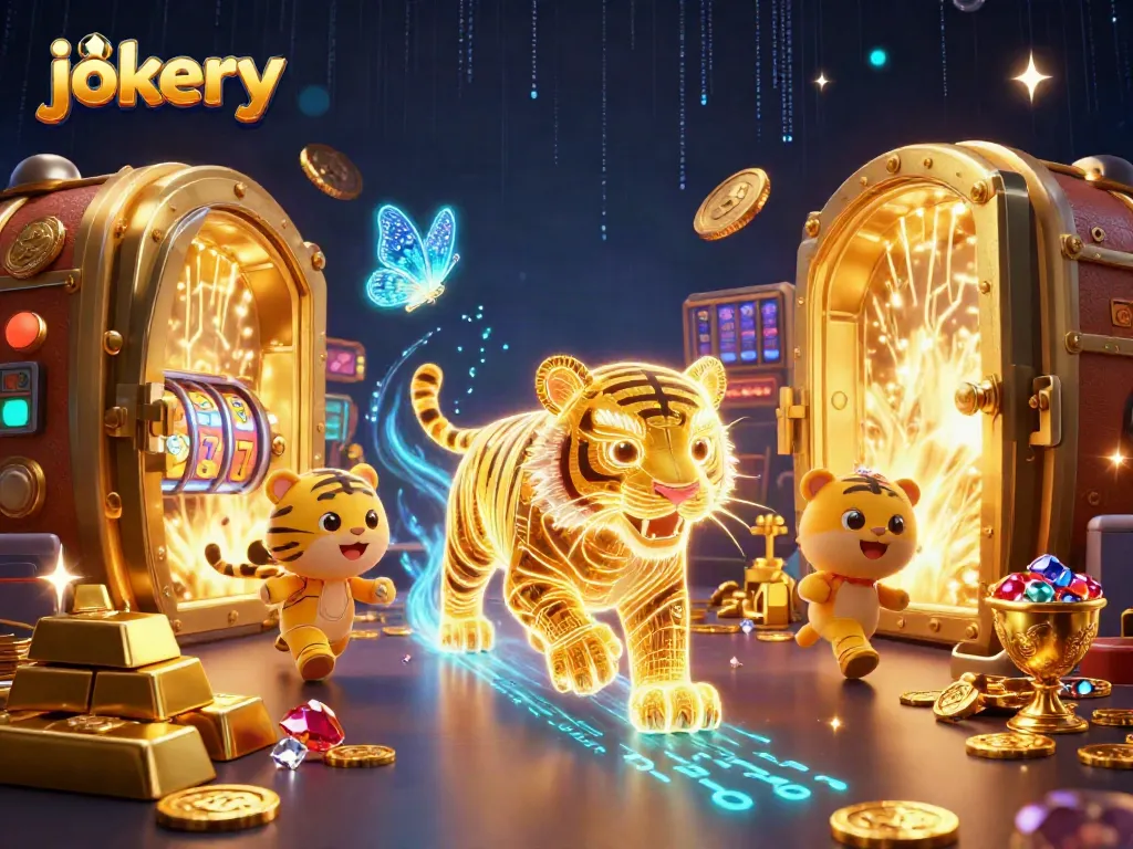 Experience the excitement of jokery in a vibrant digital casino with neon-lit characters and rich treasures.