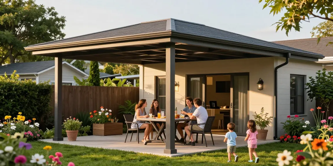Freistehende Terrassenüberdachung für eine gemütliche Gartenatmosphäre mit Familie.