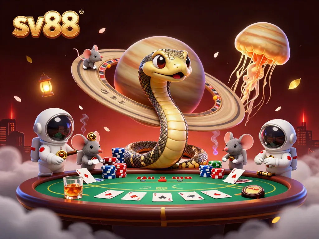 Bet on sv88's cosmic roulette as playful astronaut mice wager in a vibrant casino scene.