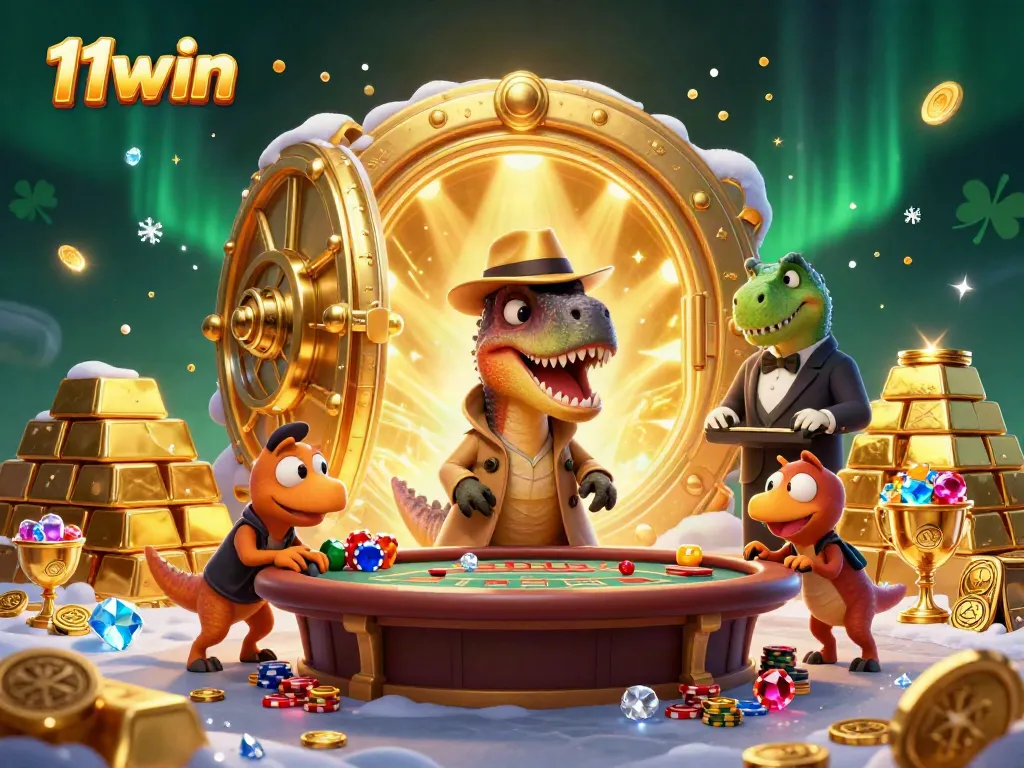 Experience thrilling moments at 11win with our dynamic casino scene featuring cartoon dinosaur characters.
