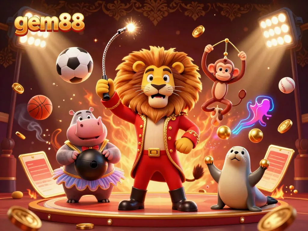 Experience the excitement of gem88 with a vibrant 3D casino illustration of a circus theme featuring playful characters and dynamic sports elements.
