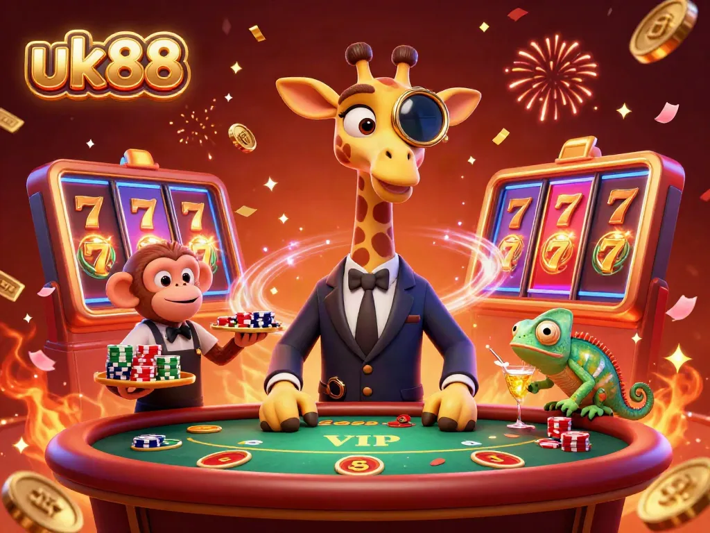 Experience excitement at uk88 with a giraffe in a suit and casino-themed characters in a vibrant scene.