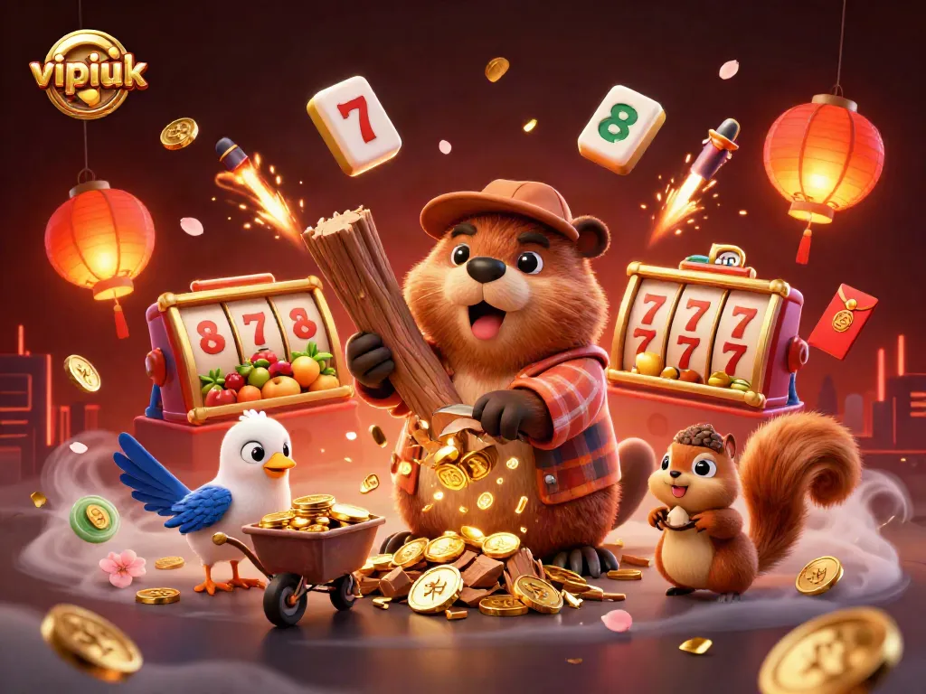 Play at vipluck with a vibrant scene of a lumberjack beaver and friends collecting golden coins.