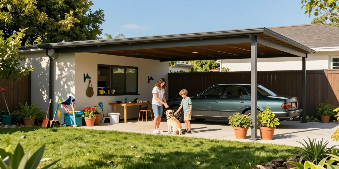 Moderner Carport bietet Schutz für das Auto in einem freundlichen Garten, während eine Familie mit ihrem Hund spielt.