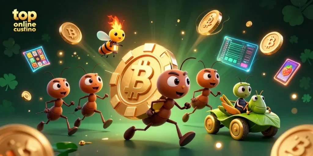 Engage with the top online casino Australia scene as ants race carrying a giant poker chip amidst vibrant gaming elements.