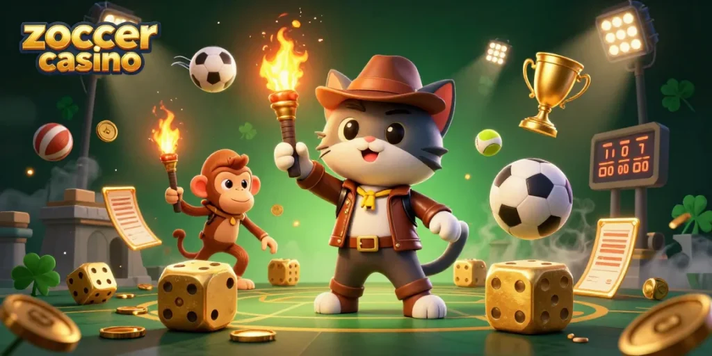 Experience thrilling wins at Zoccer Casino with a dynamic casino adventure illustration.