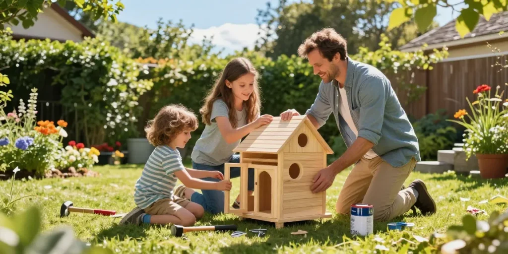Familie beim Zusammenbauen eines Garten Hauses im Garten mit sonnigem Himmel.