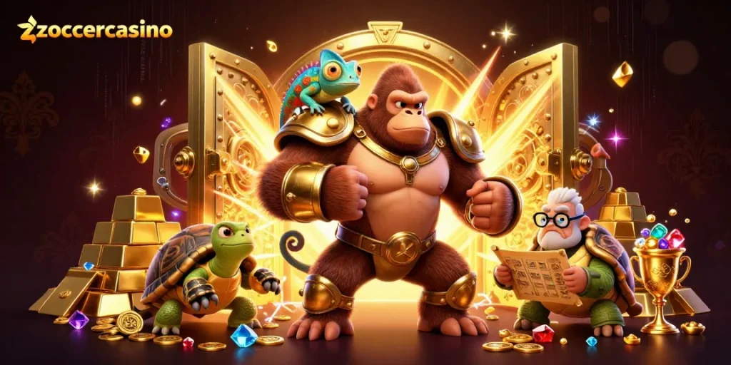 Experience excitement at zoccercasino with a powerful gorilla surrounded by treasures and vibrant casino elements.