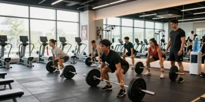 Fitness Training mit Deus Medical Produkten in modernem Fitnessstudio