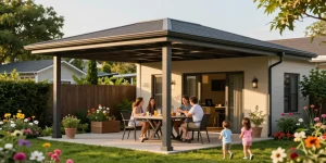 Freistehende Terrassenüberdachung für eine gemütliche Gartenatmosphäre mit Familie.