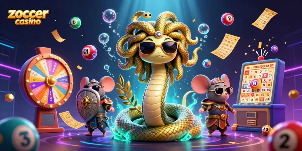 Bring excitement to the zoccer casino with a vibrant illustration of Medusa and a warrior mouse!