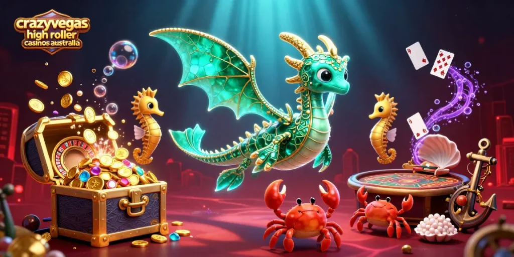 Capture the excitement of crazyvegas high roller casinos Australia with a vibrant underwater casino scene featuring a sea dragon and treasure.