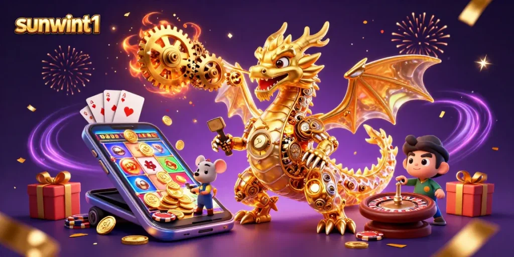 Experience thrilling gameplay with sunwint1 at the heart of casino adventure, alongside a magical golden dragon!